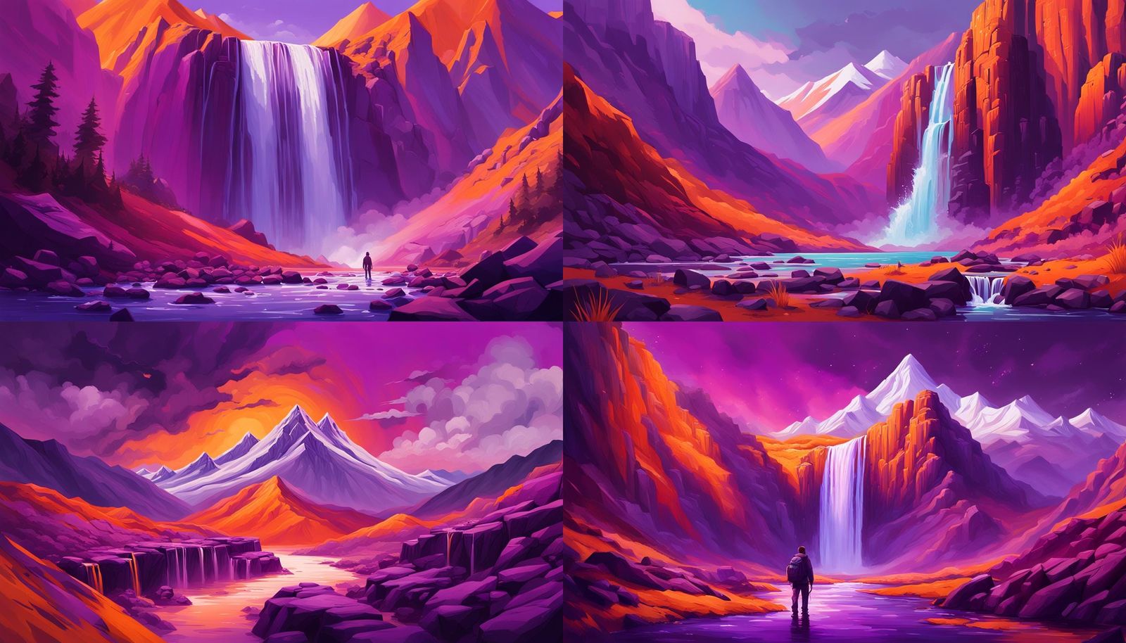 Purple Waterfall and Orange mountains