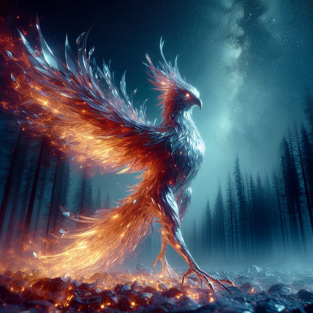 a glowing phoenix made with glass shards