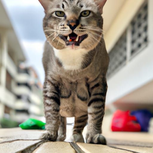 Fierce and happy male cat smiling at you, Worm’s-eye view