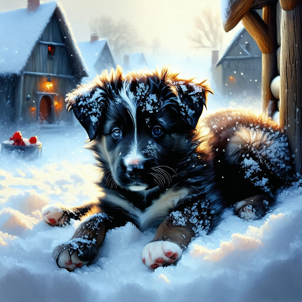 Puppy is laying in deep snow - Animal Digital Paintings