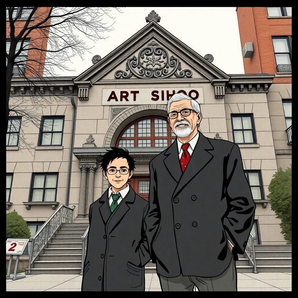 Akira with his dad at the art school he came to teach at