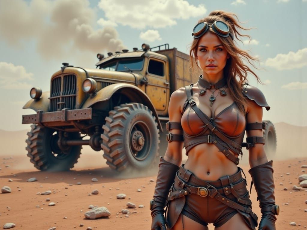 <lora:Mad-Max:1.0> A weathered, steampunk female warrior, clad in worn, distressed leather armor, goggles perched atop her tousled hair, sta...