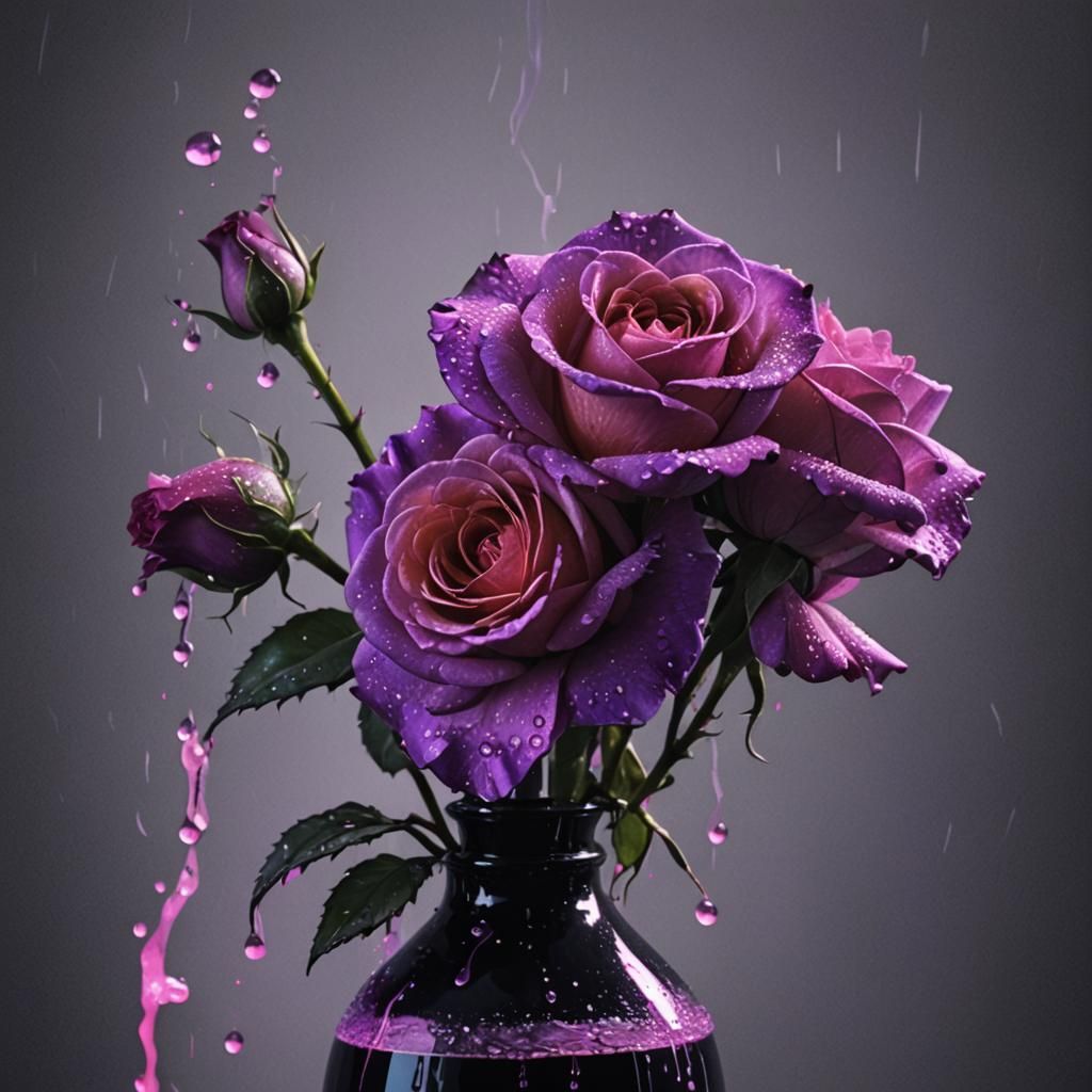 A purple blooming rosé with waterdrops in a black vase. unde...
