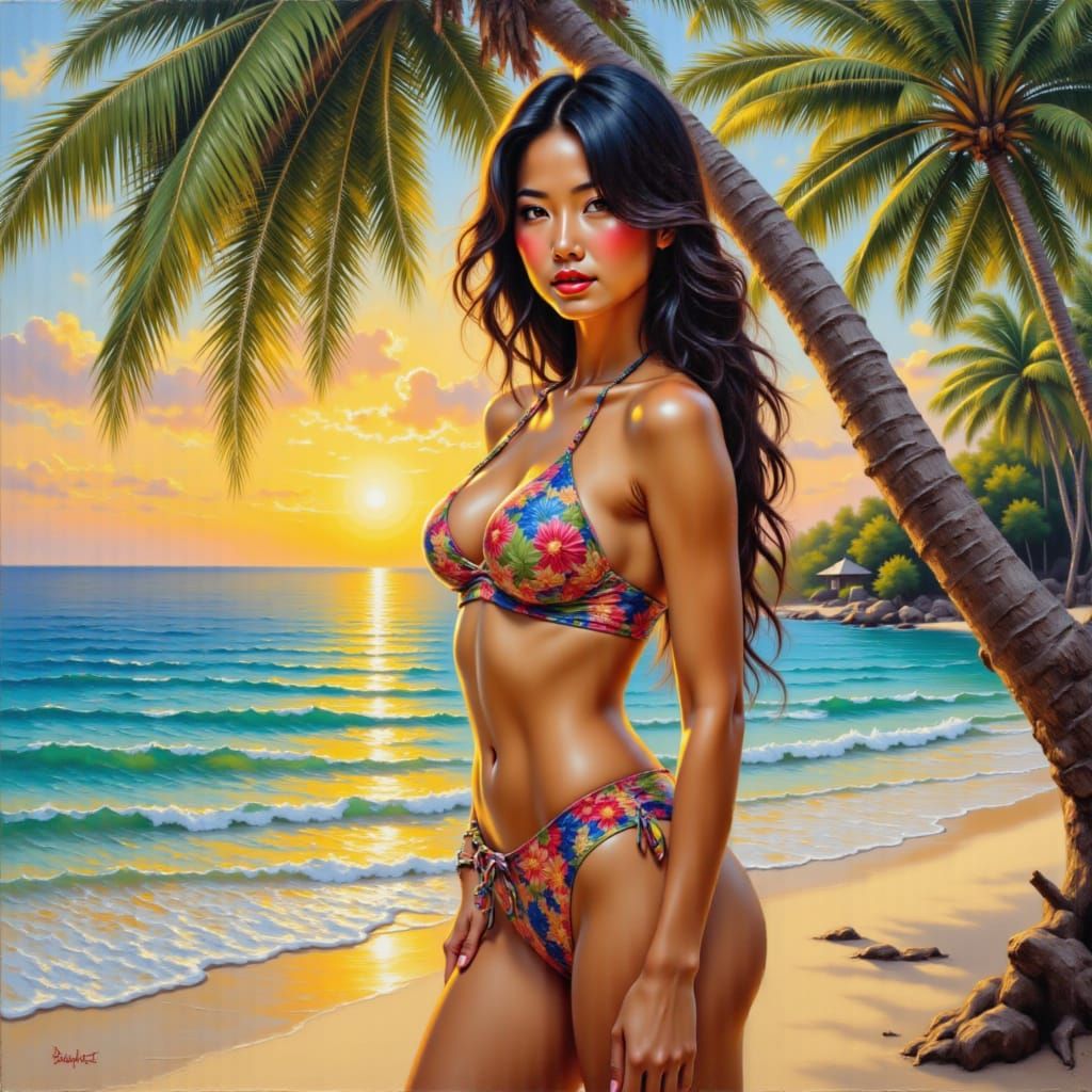 <lora:Asian Women 1-01:1.0> Oil painting of a Thai woman in bikini on tropical beach at sunset