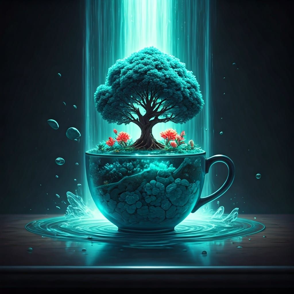 inside a broken thin transparent glass cup of turquoise color grows a turquoise tree with flowers, around the tree there is a fantastic casc...
