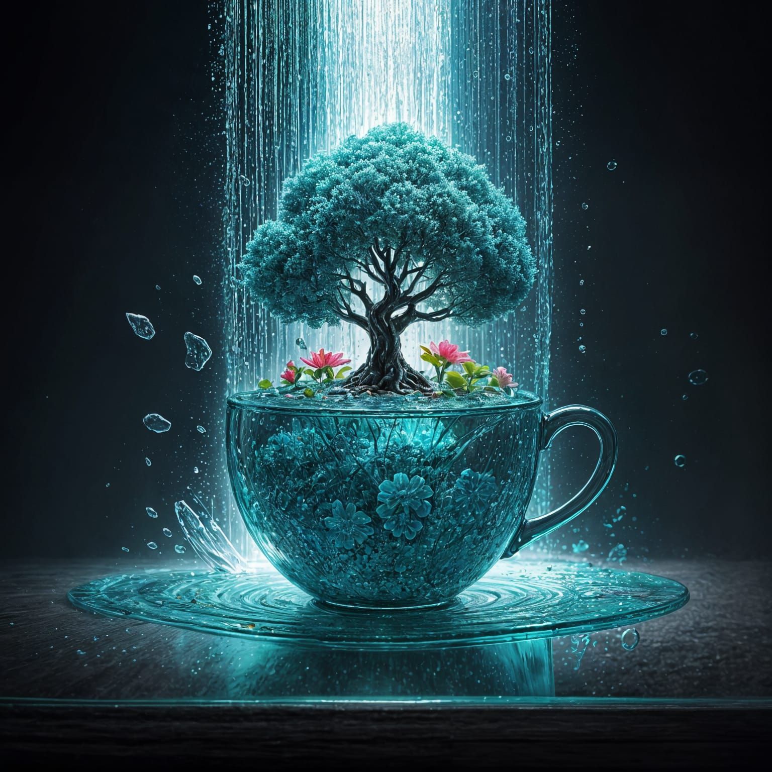 inside a broken thin transparent glass cup of turquoise color grows a turquoise tree with flowers, around ...  by @Schoor