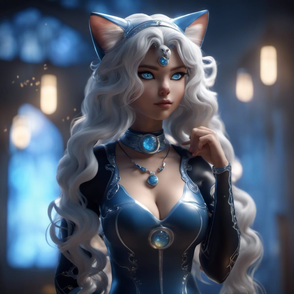 celestial neko catgirl, goddess stunning fair sweet, voluptuous thick curvy  body type. fair complexion, white long curly hair. icy blue eyes - AI  Generated Artwork - NightCafe Creator