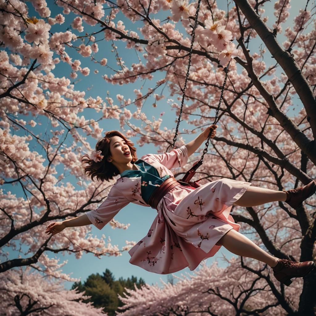 Create a beautiful woman swinging from
a Cherry Blossom Tree...
