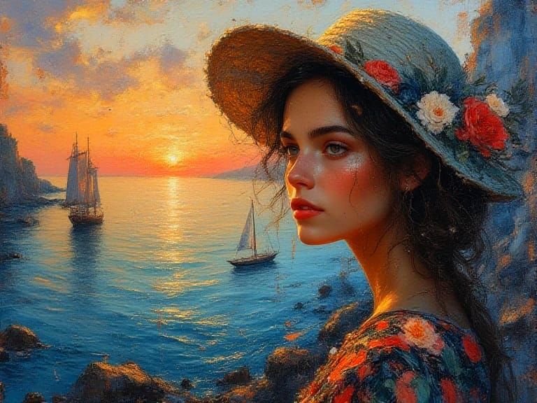A beautiful woman near a port at sunset