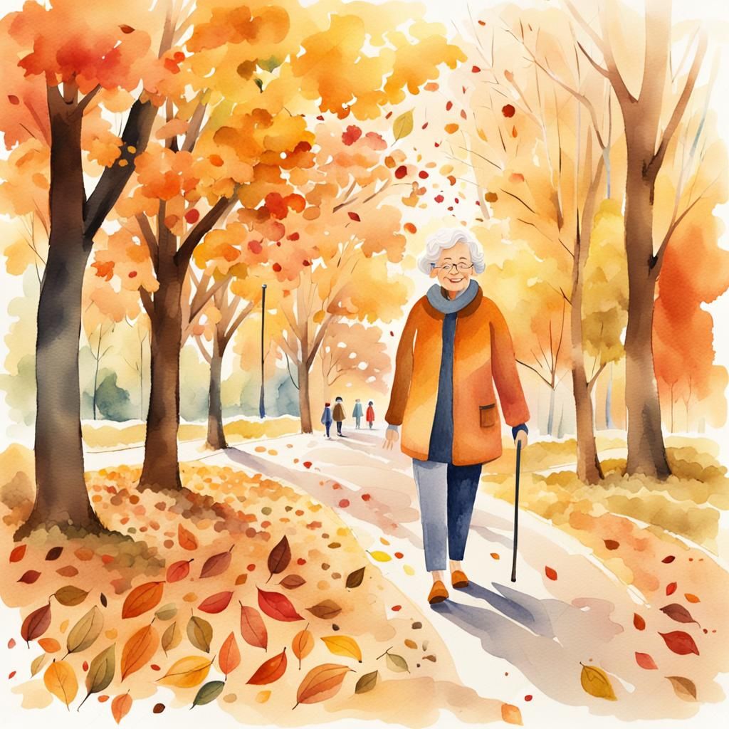 A happy, smiling older woman enjoying walking in a park in a...