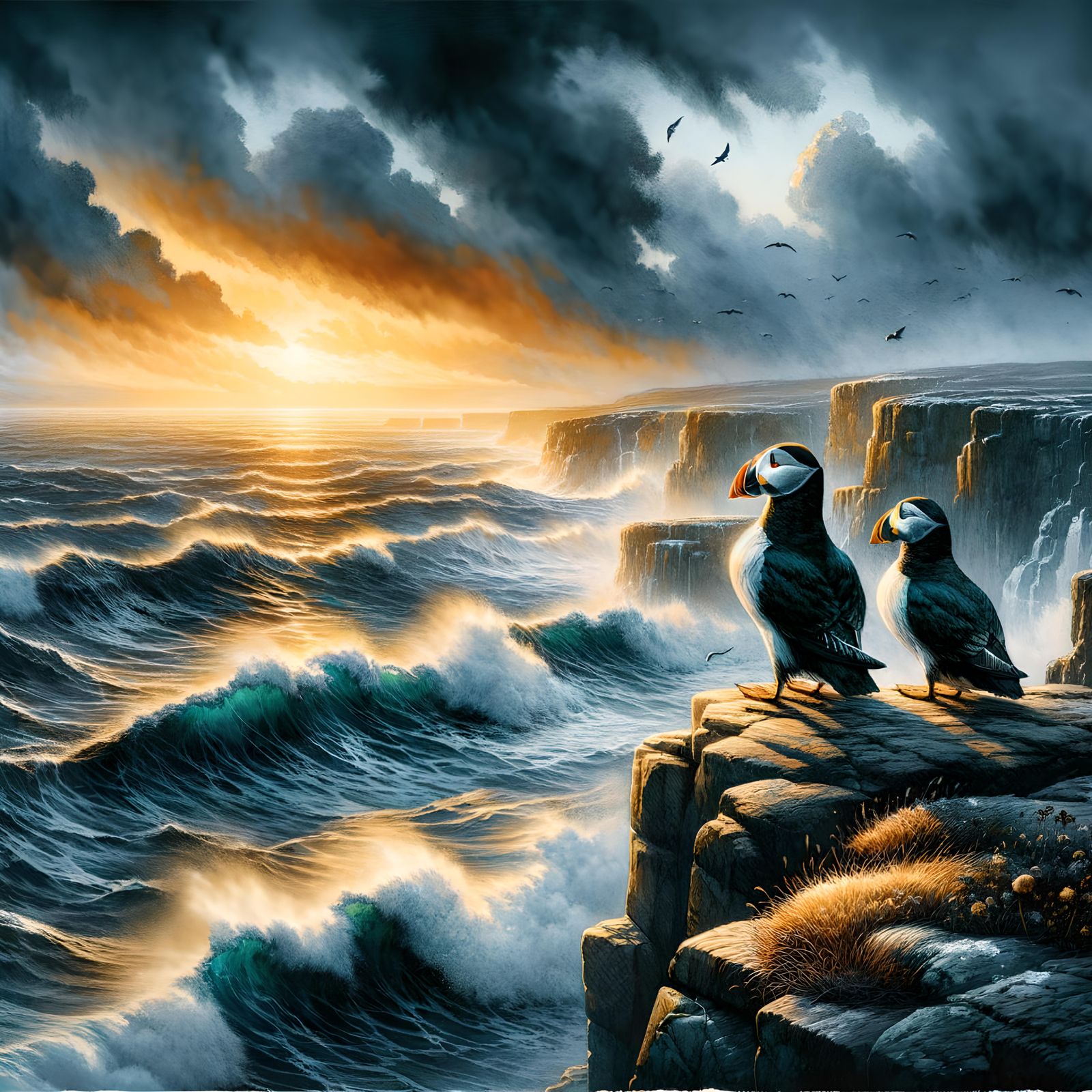 Two puffins on a stormy day  by @Horse-T