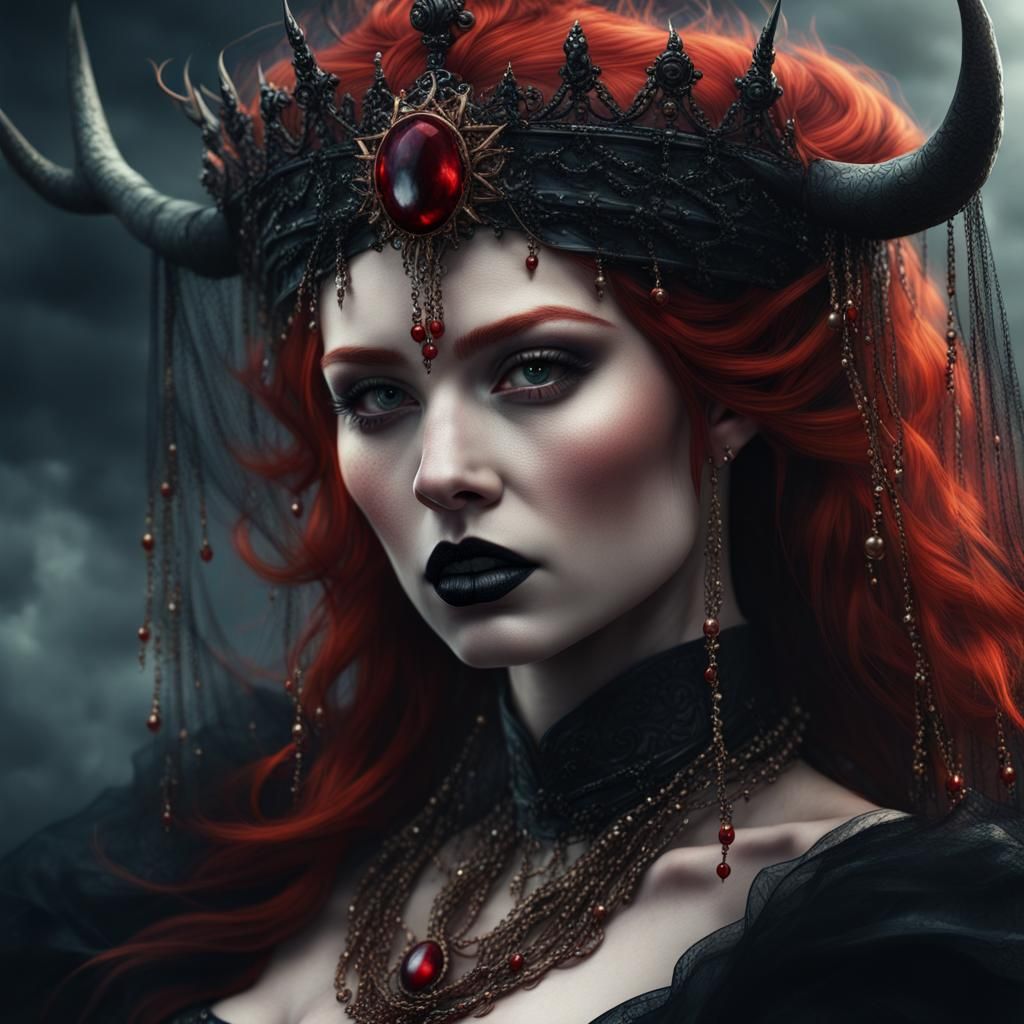 Redheaded witch with red hair, a crown with long upwards facing horns ...