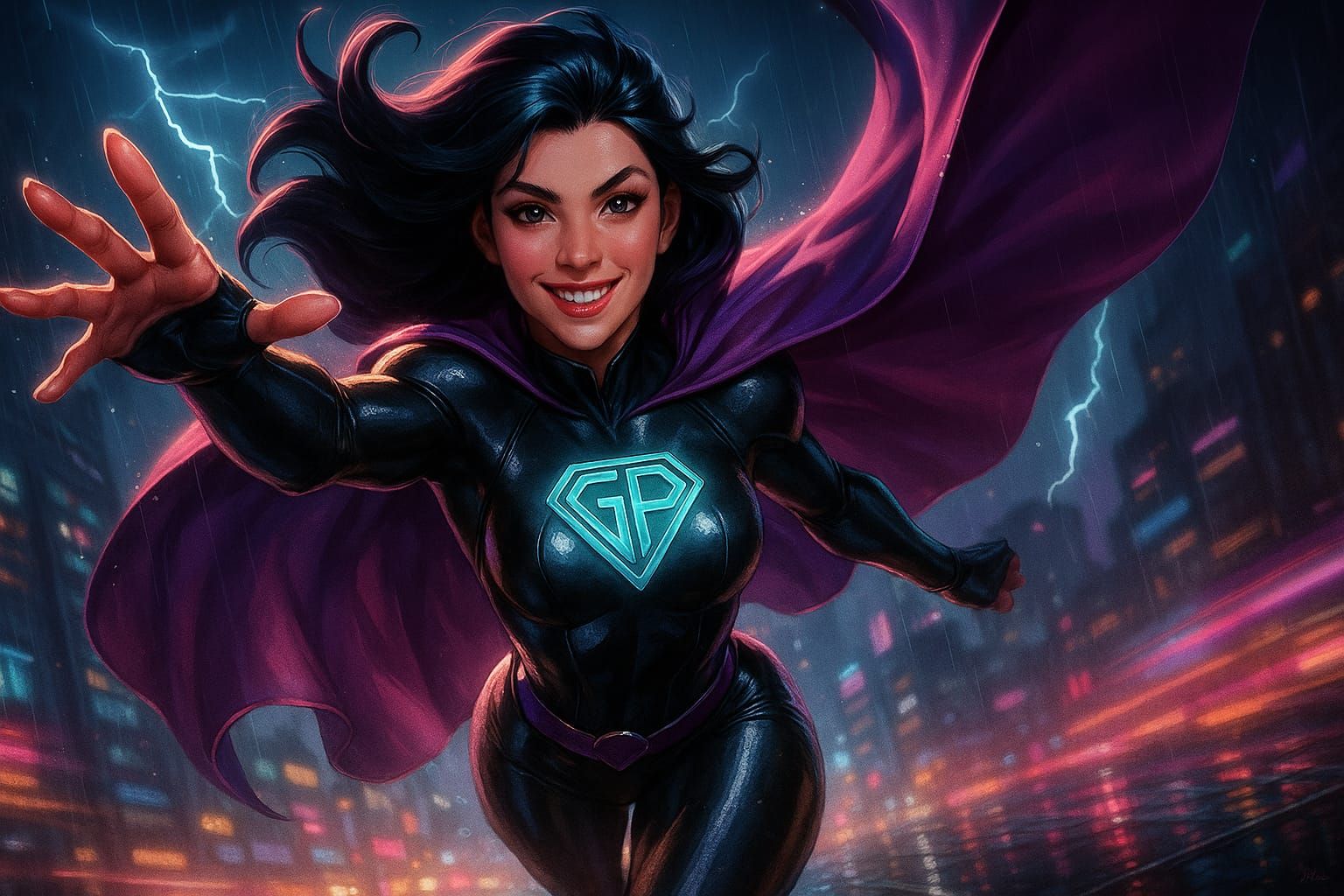 Raven-haired superheroine with GP chest emblem
