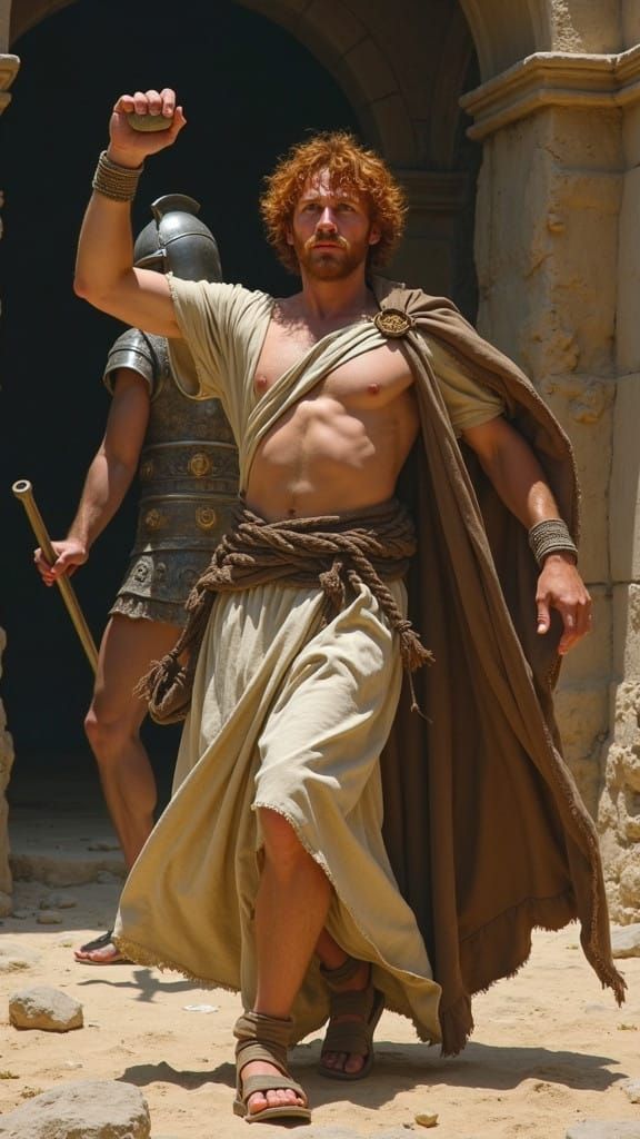 4000 years ago, at Masada: Goliath the Philistine stands far from the camera in front of David, 20 years old, has red hair, fully dressed li...