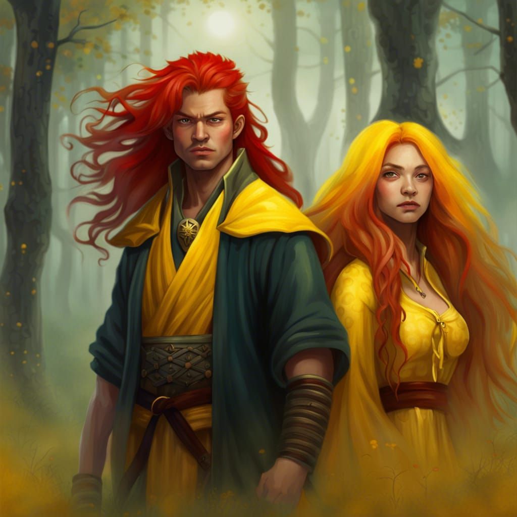 Foggy forest , cloudy sky , epic fantasy , red hair Witch , ...