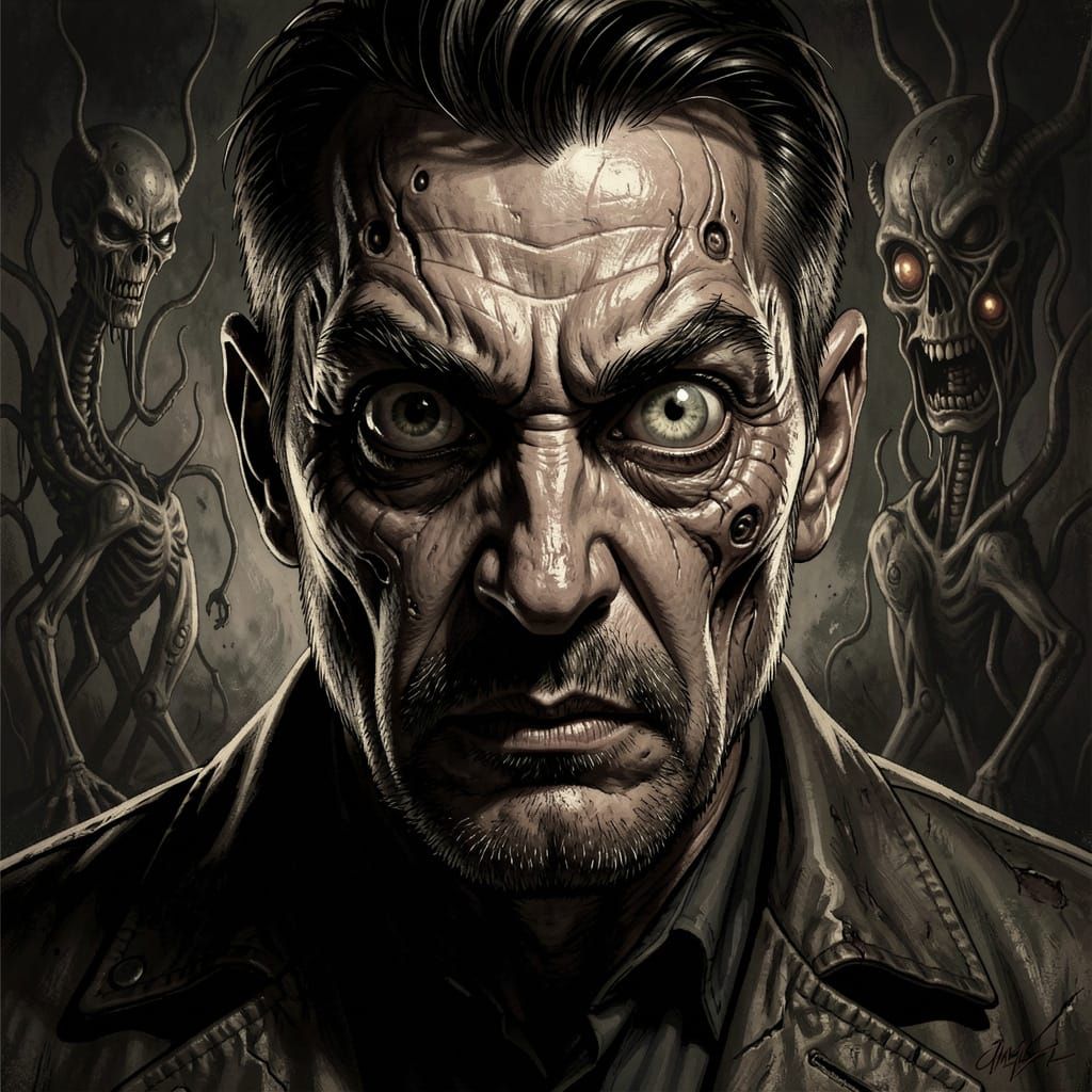 Intimidating Man with Large Scary Eyes in Dark Concept Art S...
