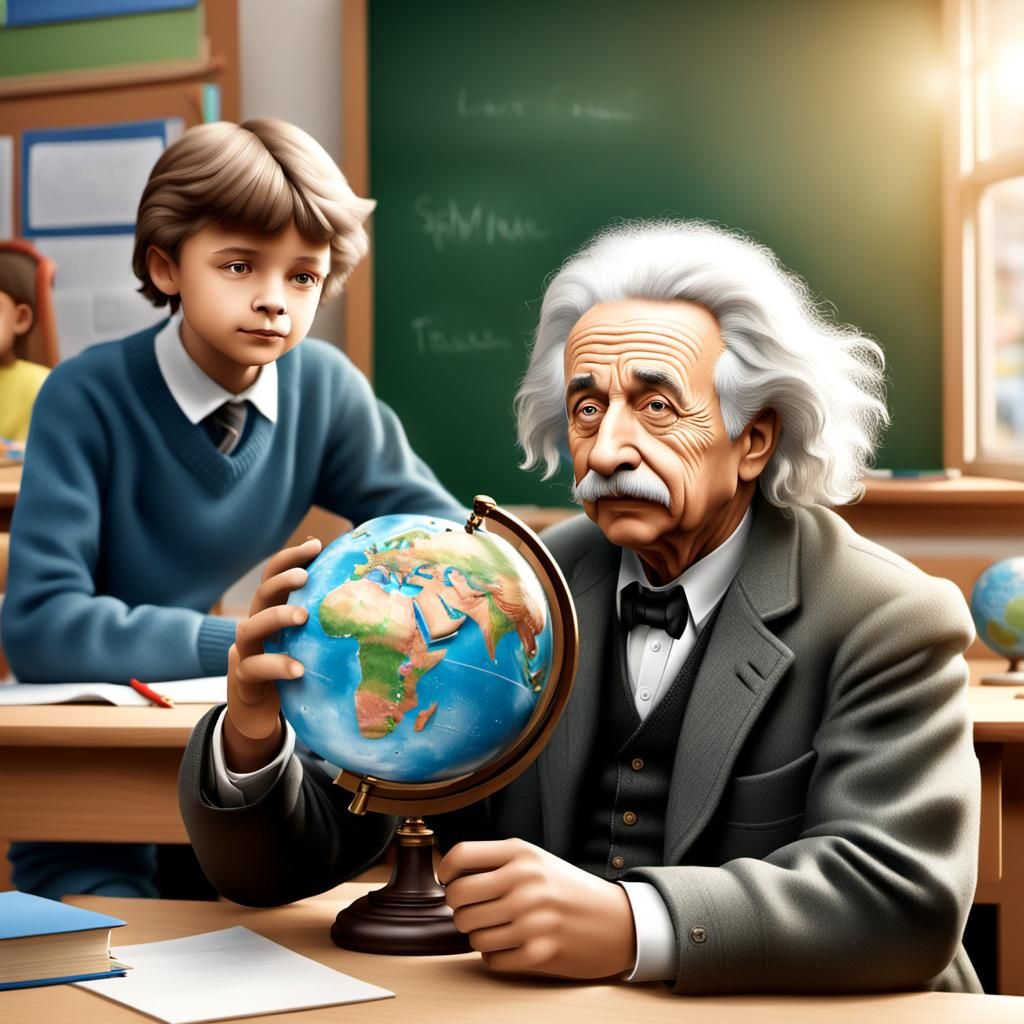 Albert Einstein is teaching children in a classroom. There is a globe ...