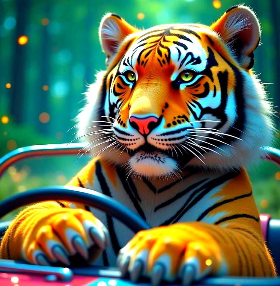 Fantasy Fairytale Landscape splash art. Panoramic shot. Mystical image of a tiger driving a car amidst a lush, vibrant forest, with a glowin...