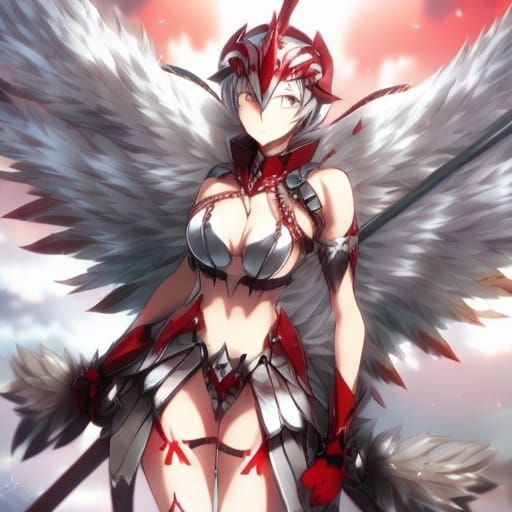 Attractive Valkyrie, silver wings, red bikini armor with sil...