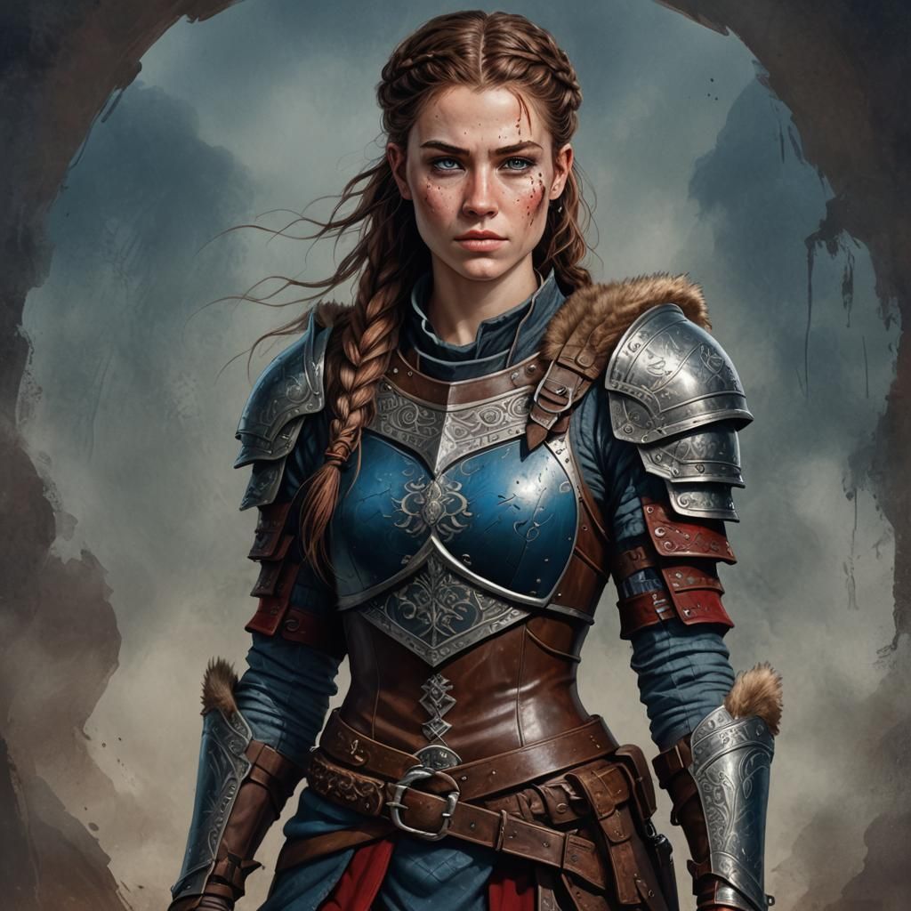 fullbody portrait. Medieval female mercenary in her twenties. grim ...