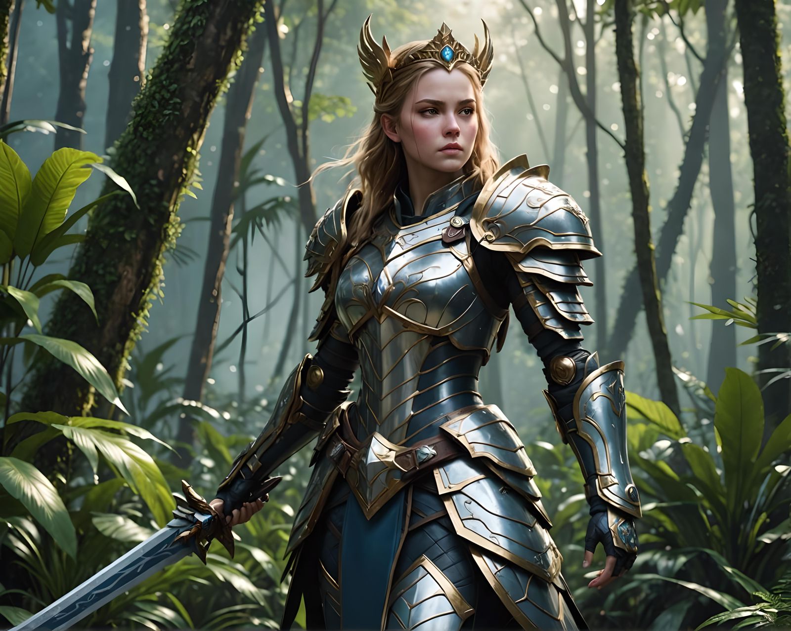 A beautiful Princess in full battle armor in the Amazon Jungle