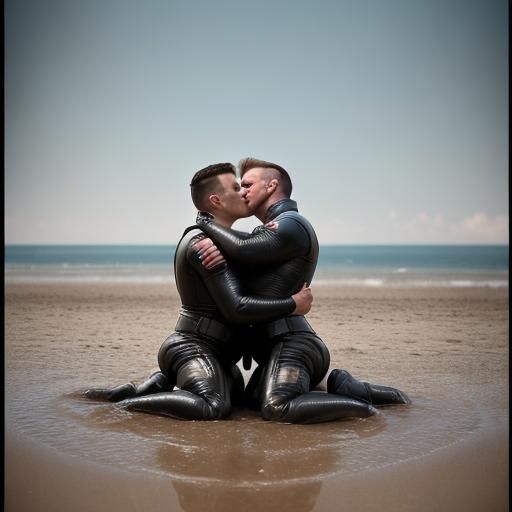 Two Hot Leathermen sinking in Quicksand kissing.