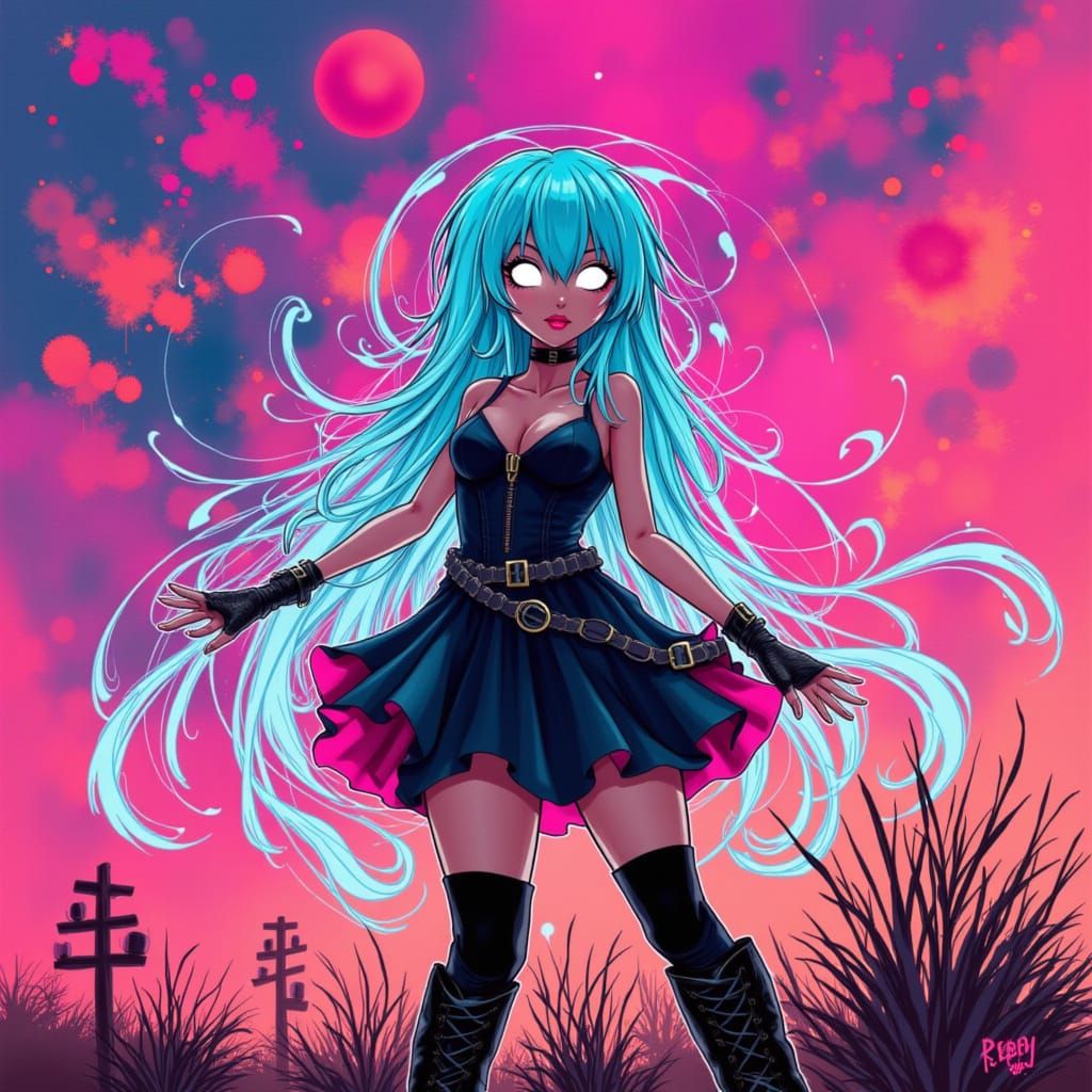 a female with glowing white eyes, light blue hair, pink lips, a short ruffled dress and combat boots, splashes of color, <lora:Calligraphy S...