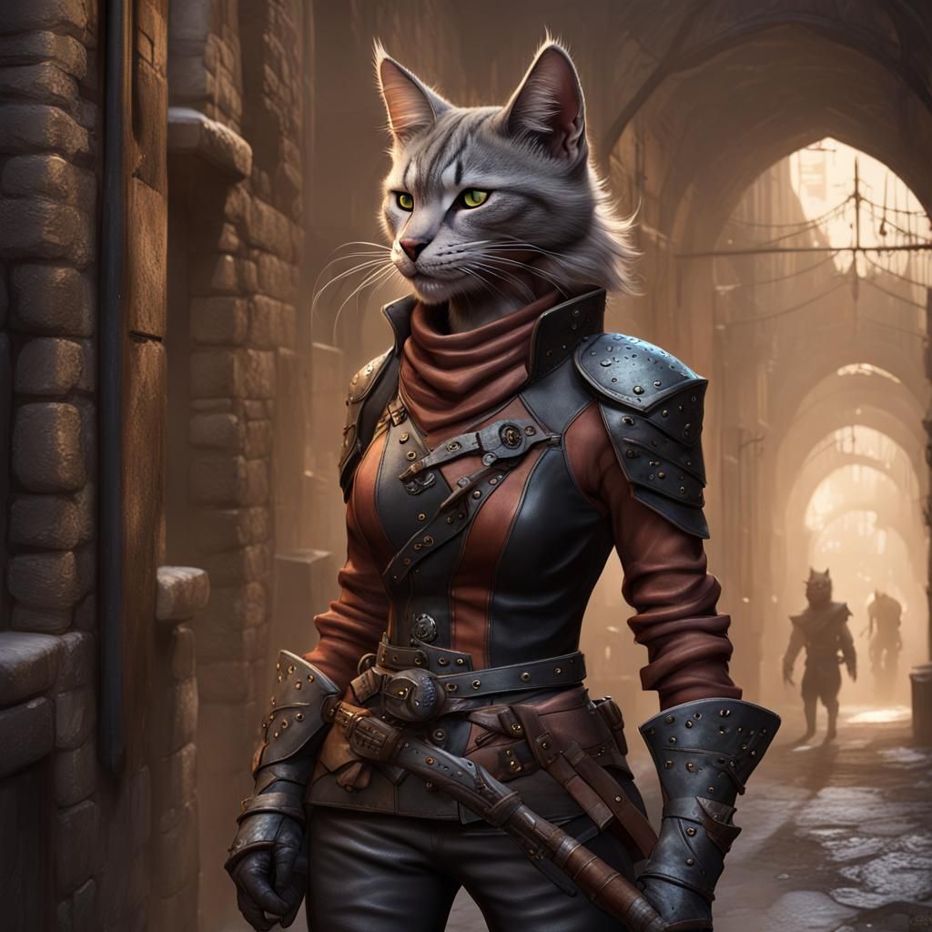 Female tabaxi rogue with Smokey grey fur, wearing dark leather armor ...