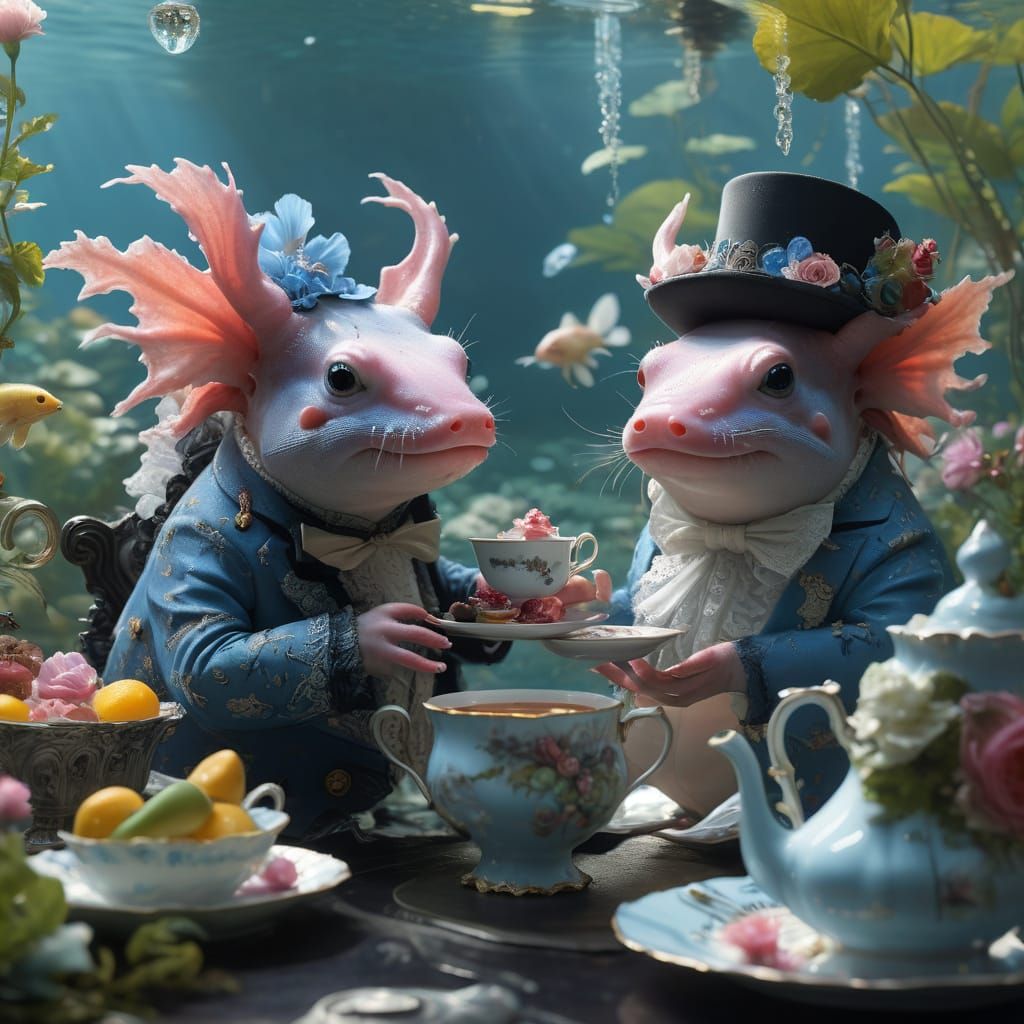 Axolotl tea party  by @Superbear