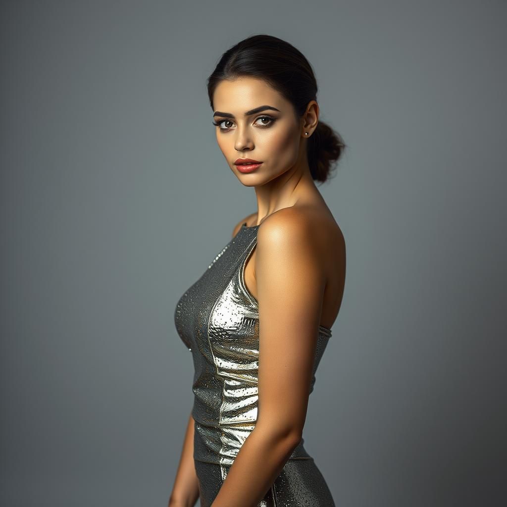 beautiful woman, metallic dress, looking into camera