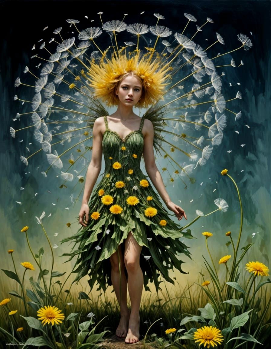 fairy wearing a dress made of dandelion :: acrylic by artists Olivier Ledroit, Chris Achilleos, Julie ...  by @Didier B
