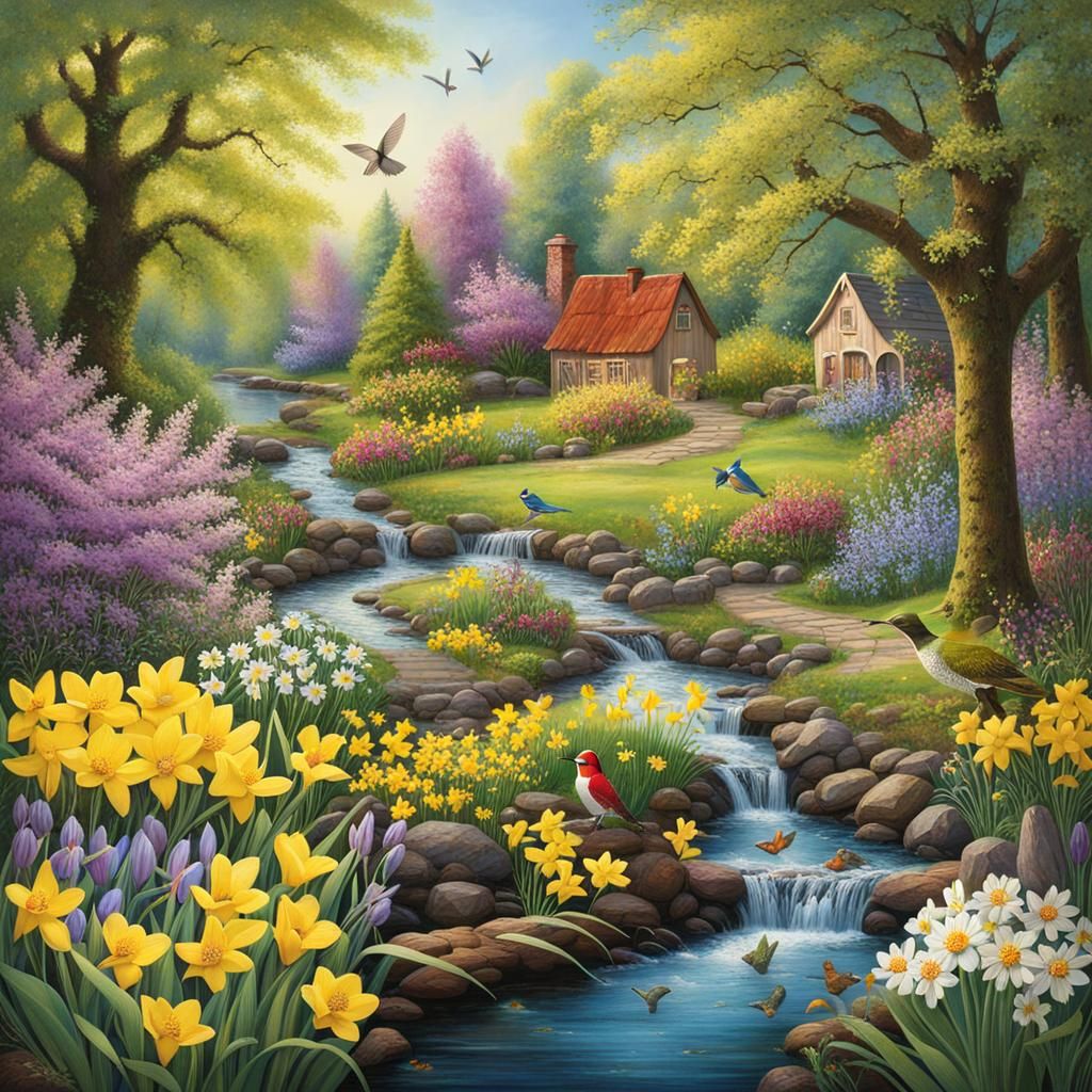 Spring garden with tree, forsythia, crocus, daisy, hummingbi...