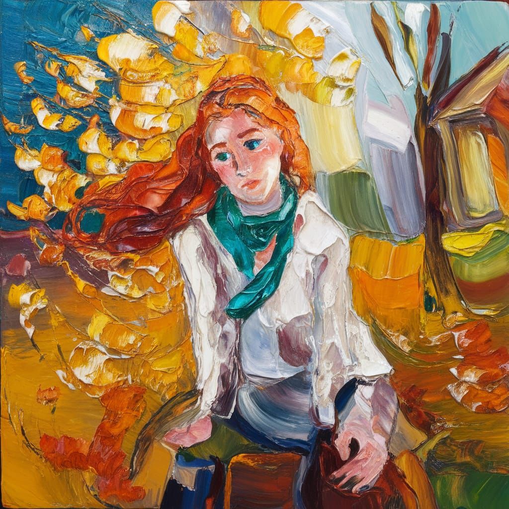 Auburn-Haired Woman in Autumn, Impasto Oil Painting