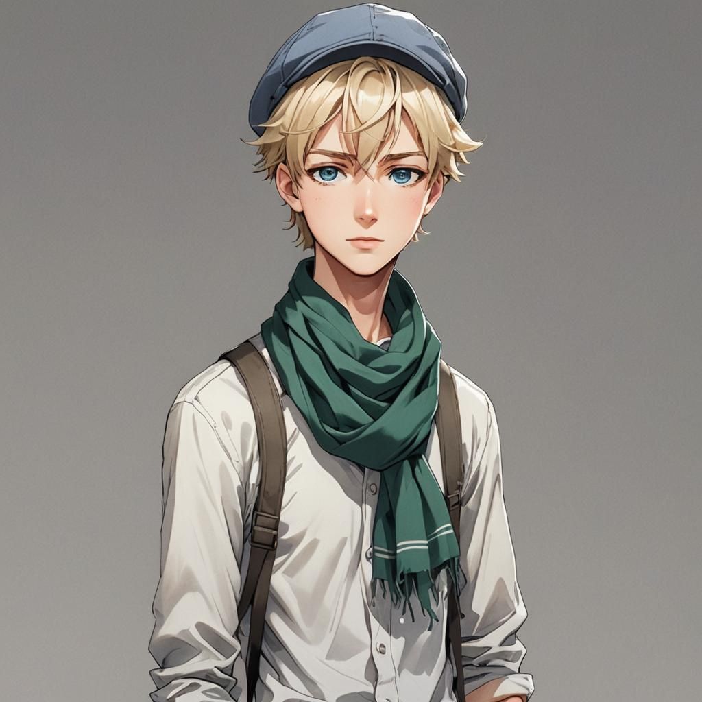 A teenage boy with short, messy blonde hair and blue eyes. H...