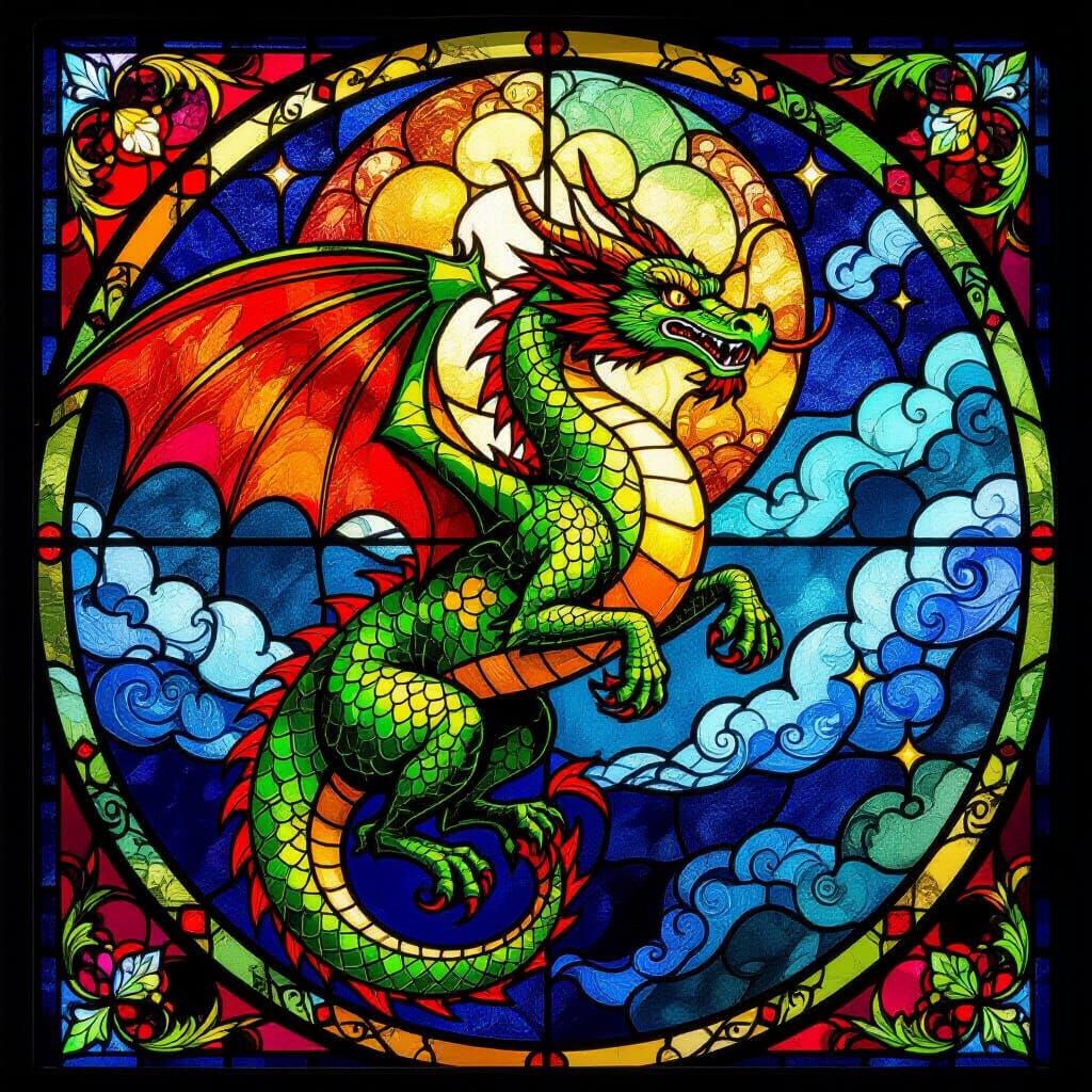 Majestic Dragon Stained Glass Window in Tiffany Style