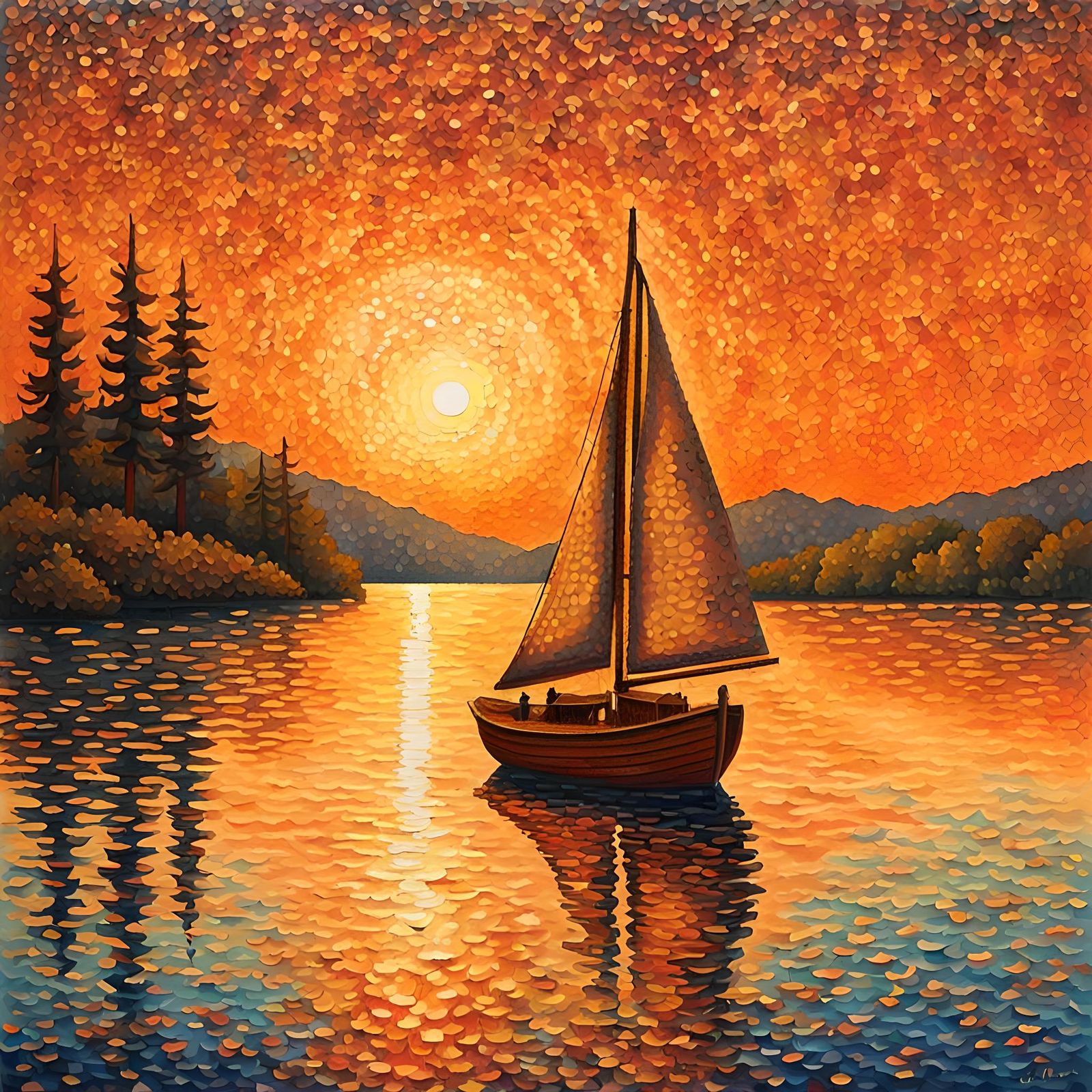 Pointillist view of a boat on a lake at sunset,    by @Happy Jack