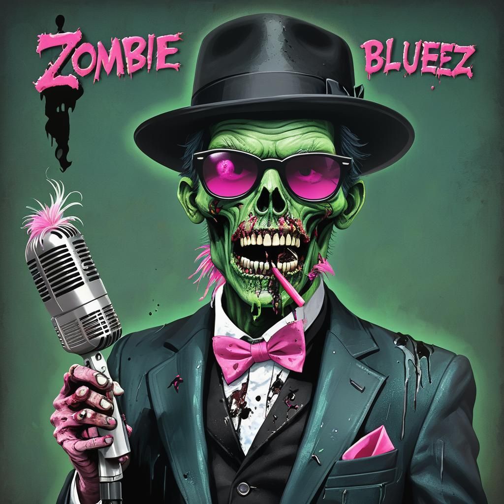 text title saying "ZOMBIE BLUEZ" male zombie gooey and green oozing wearing sunglasses holding a vintage ...  by @Yui