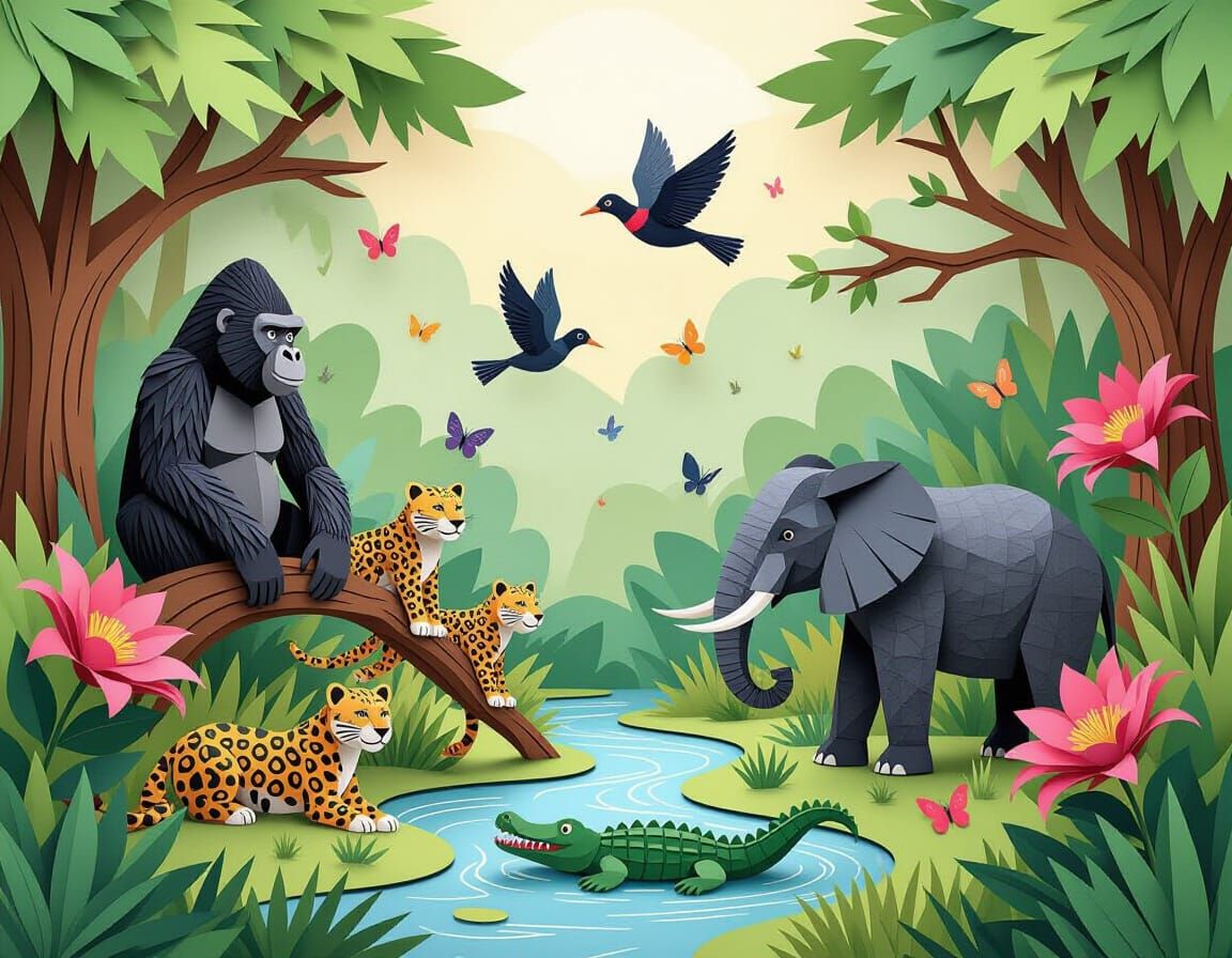 African paper jungle world with African paper jungle plants, African paper flowers, paper gorillas, African paper birds, paper leopards, Afr...