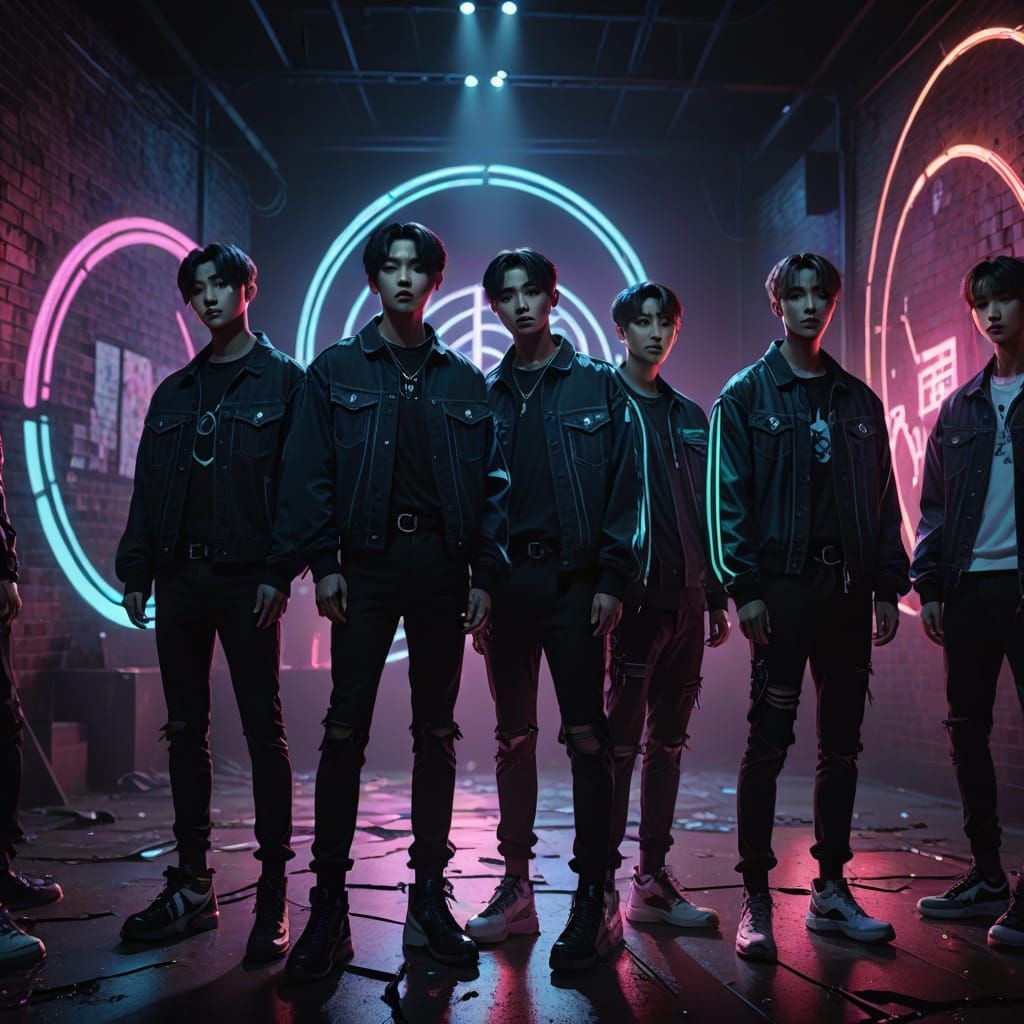Kpop Group Captured in Neon-Lit Circle