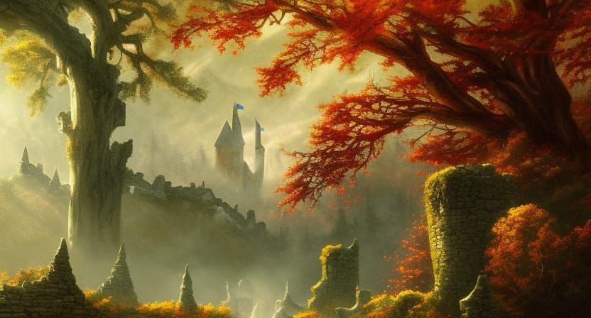 cinematic detailed wall of ruined Haunted castle above autum...