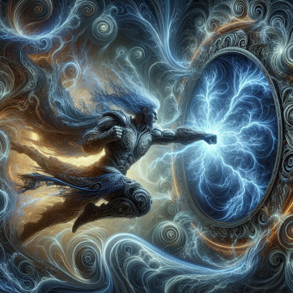 Warrior punching through a mirror made of lightening from a ...