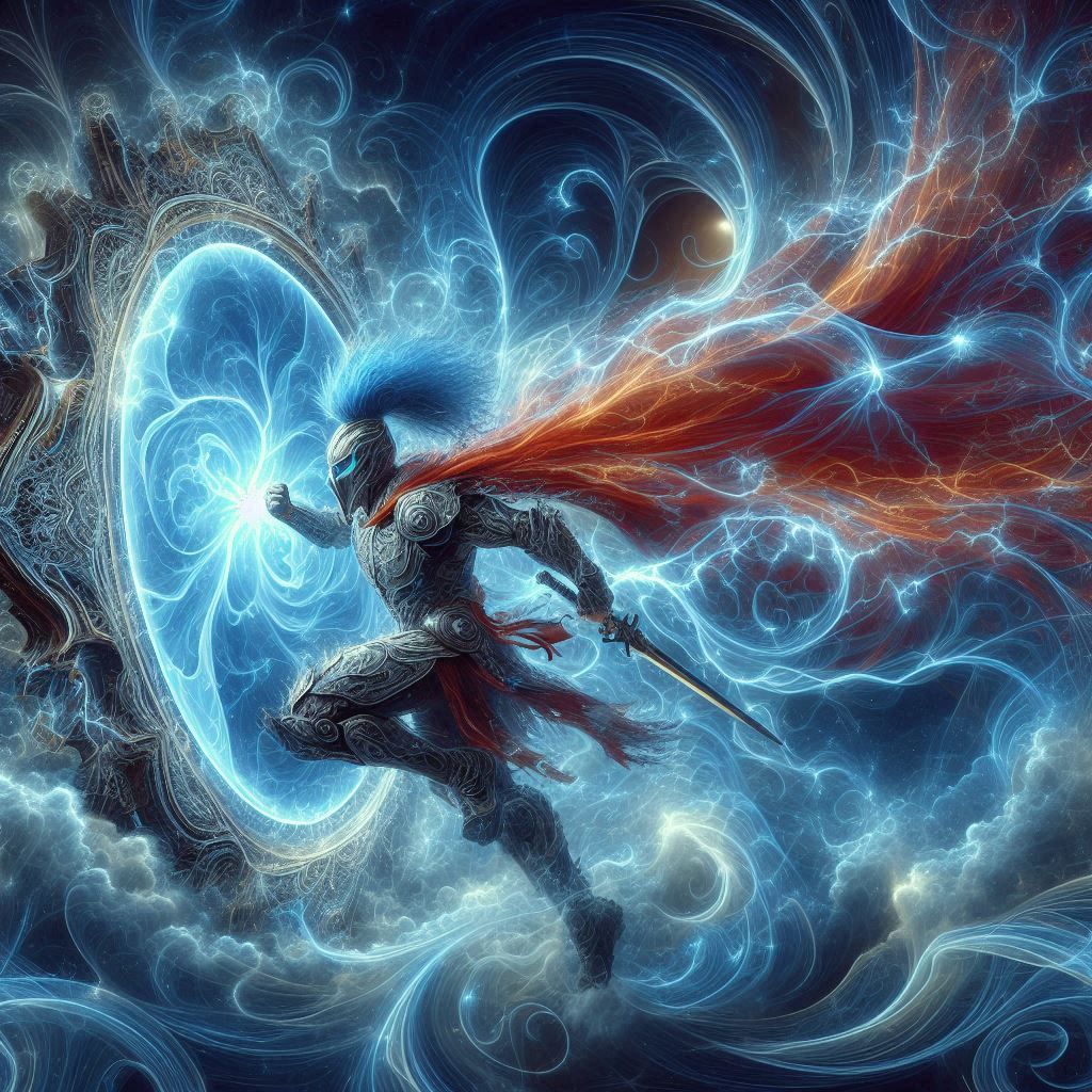 Warrior punching through a mirror made of lightening from a ...