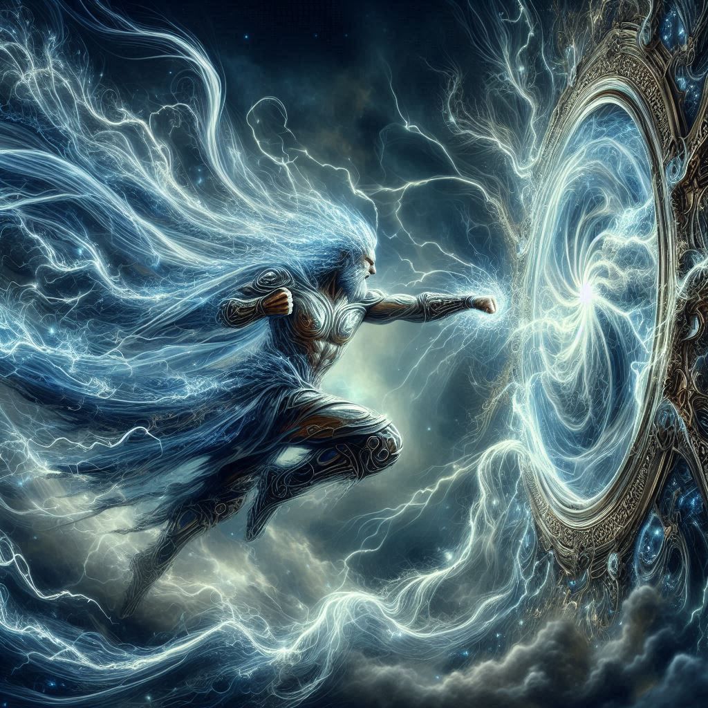 Warrior punching through a mirror made of lightening from a ...