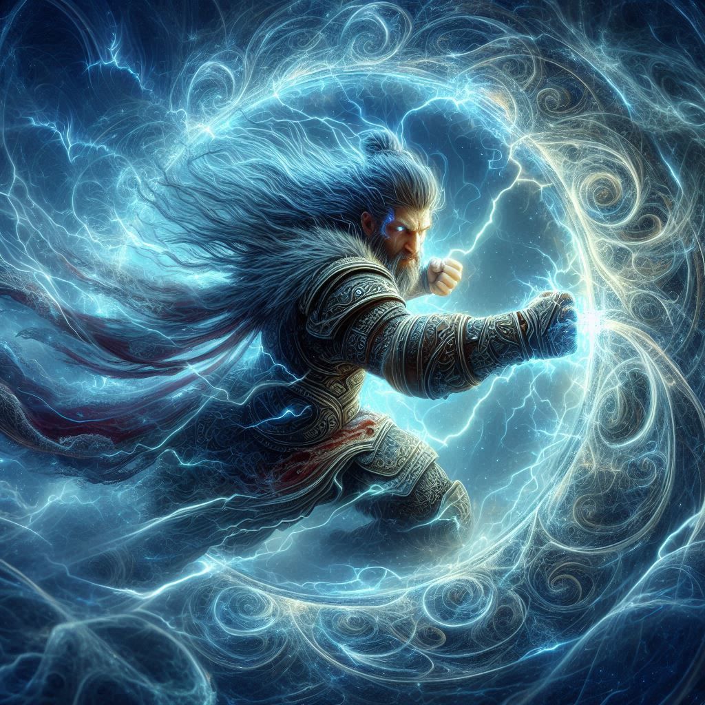 Warrior punching through a mirror made of lightening from a ...