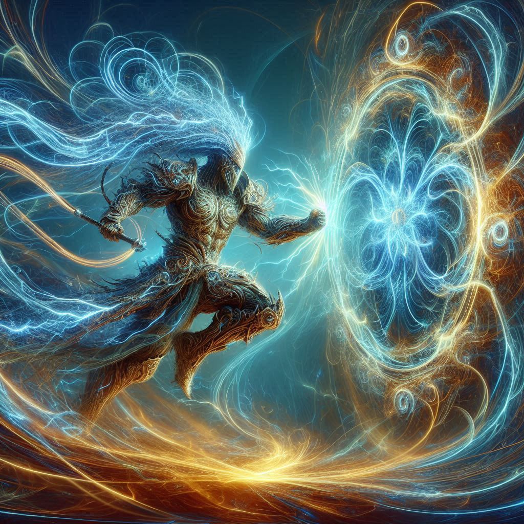 Warrior punching through a mirror made of lightening from a magical world