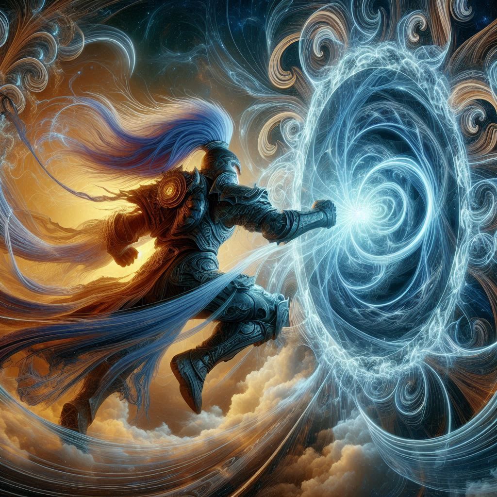 Warrior punching through a mirror made of lightening from a ...