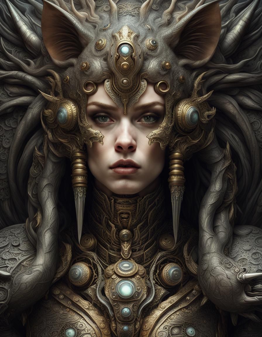 photograph Incredible detailed face portrait of a frenzied warewolf wearing filigreed bismuth armour, intricate and hype...