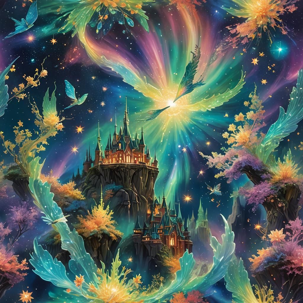 a breathtaking surreal dreamscape where a vast, shimmering ocean of liquid stardust flows beneath a sky ...  by @Rana