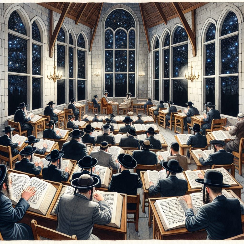ציור מפורט בצבע מים של בית מדרש מלא ביהודים חרדים שיושבים ול...