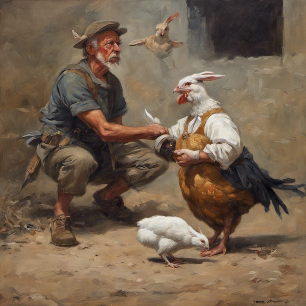 human cat and human rabbit killing a chicken AI Generated Artwork